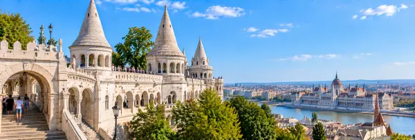 Fisherman’s Bastion in Budapest, Hungary, overlooking the Danube and Hungarian Parliament
