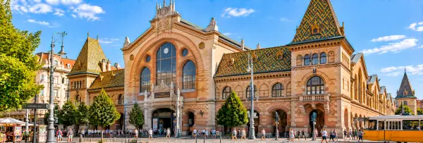 Great Market Hall in Budapest, Hungary, with its ornate façade and colorful tiled roof