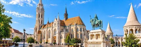 Matthias Church in Budapest, Hungary, with its colorful tiled roof and Gothic architecture
