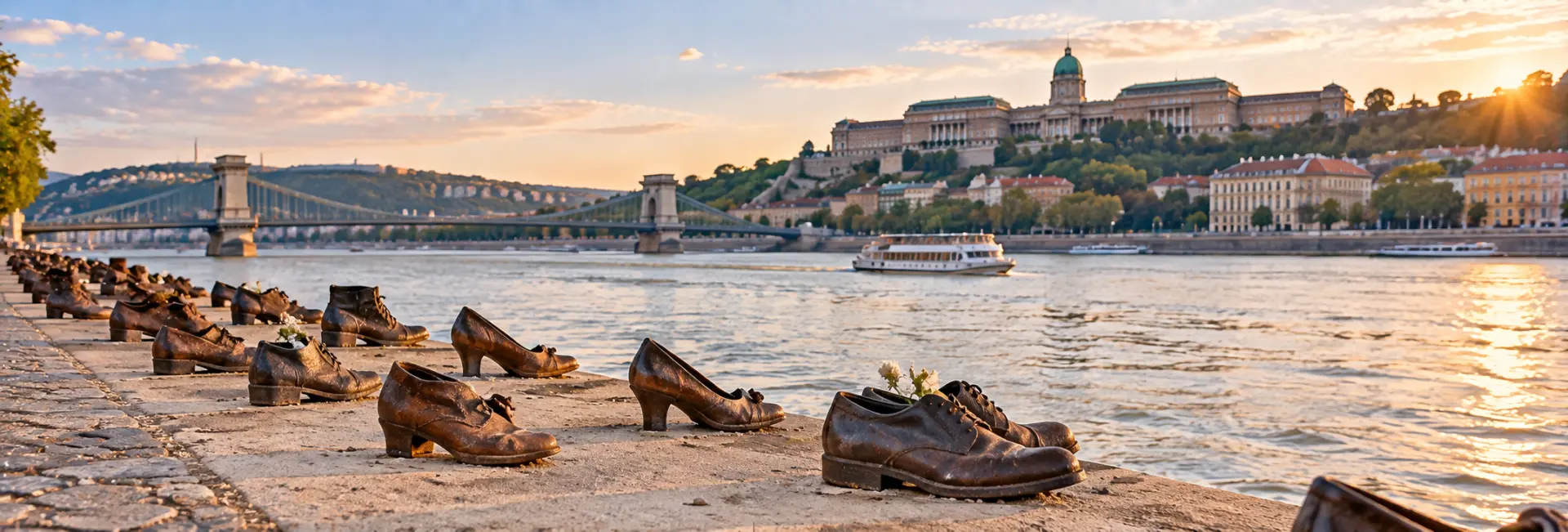 Shoes on the Danube Bank memorial in Budapest, Hungary, overlooking the Danube River