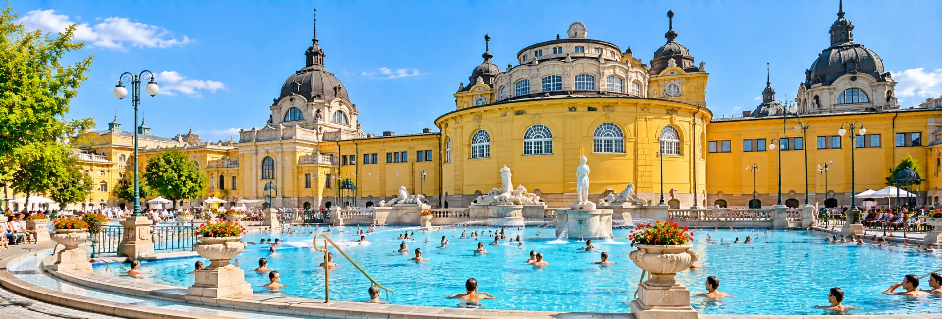 Széchenyi Thermal Bath in Budapest, Hungary, with its grand yellow Neo-Baroque buildings and outdoor pools