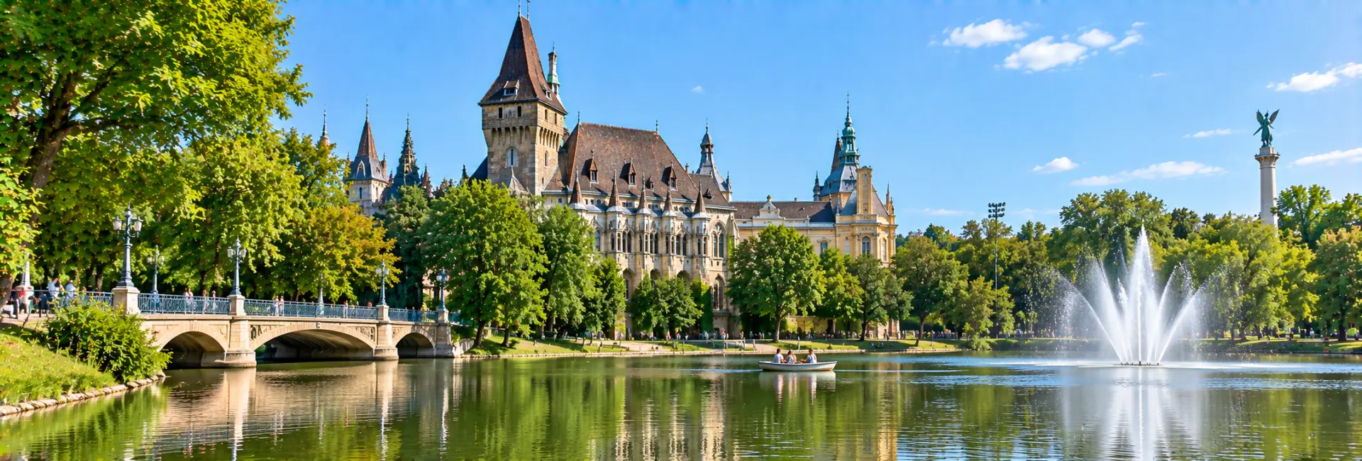Városliget (City Park) in Budapest, Hungary, with a scenic lake and Vajdahunyad Castle