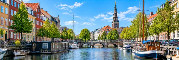 Christianshavn in Copenhagen, Denmark, with colorful canal-side houses and boats