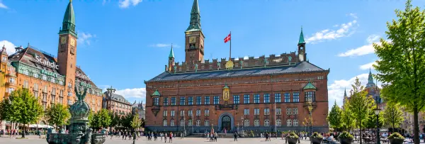 Copenhagen City Hall in Denmark, with its red-brick façade and historic clock tower