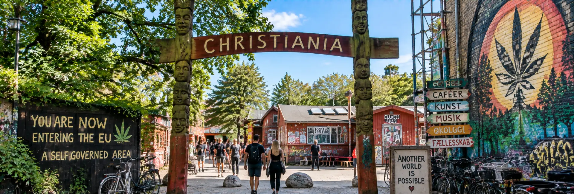 Freetown Christiania in Copenhagen, Denmark, with colorful street art and bohemian buildings