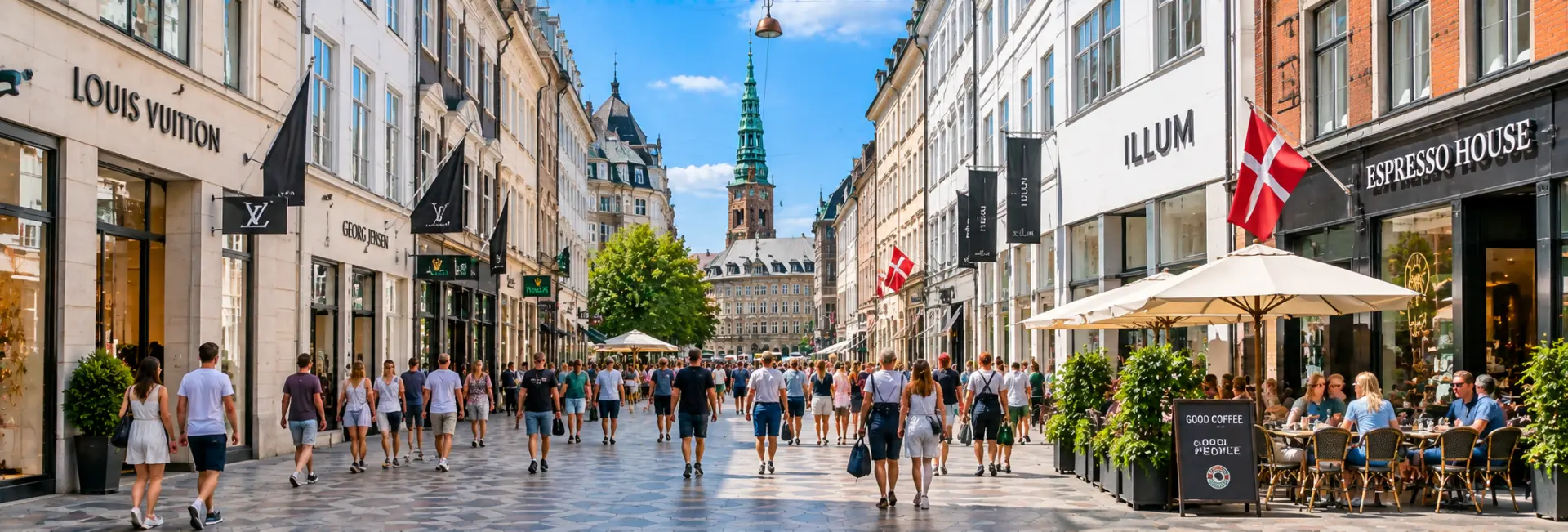 Strøget in Copenhagen, Denmark, with historic buildings, shops, cafés, and lively pedestrian streets