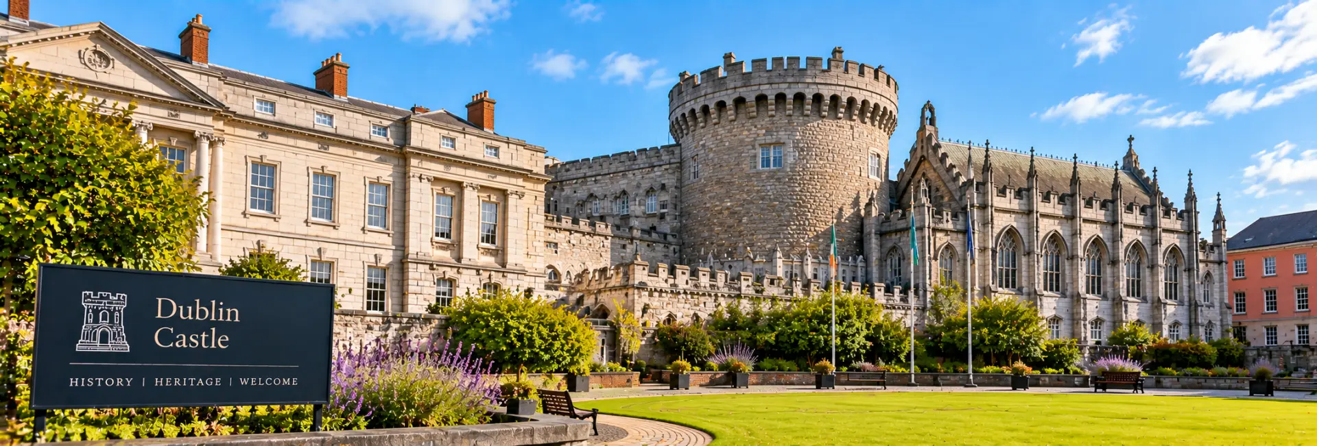 Dublin Castle with its medieval tower, historic buildings and landscaped courtyard