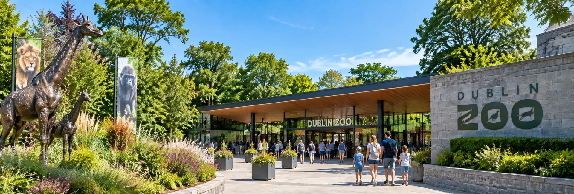 Dublin Zoo entrance in Phoenix Park with lush gardens and visitors