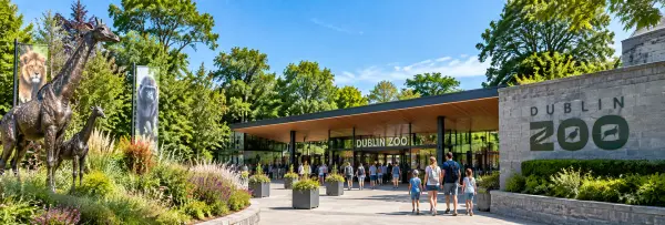 Dublin Zoo entrance in Phoenix Park with lush gardens and visitors
