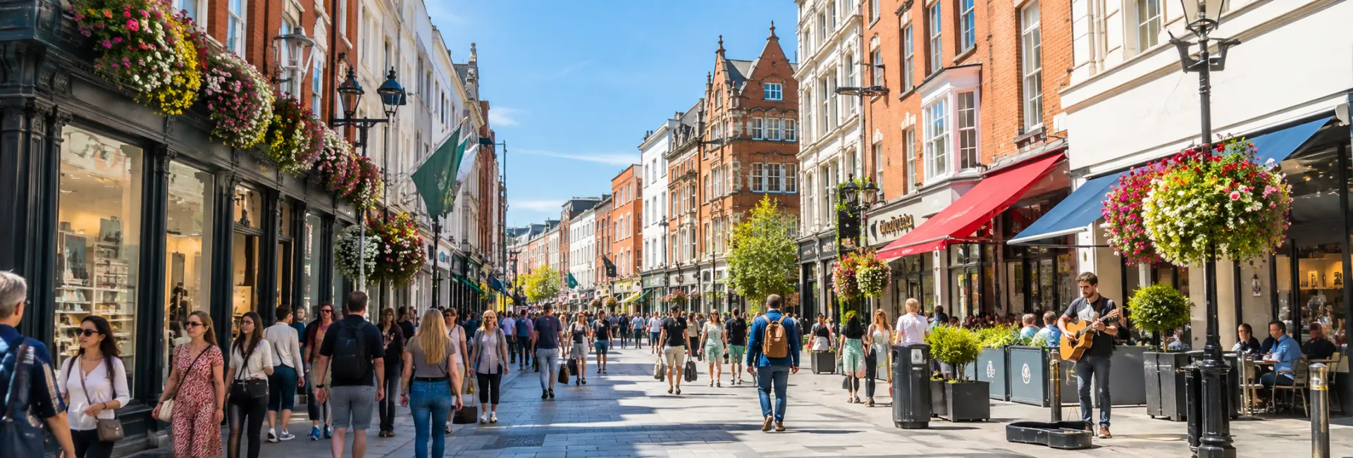 Grafton Street in Dublin with historic buildings, shops, pedestrians and lively street performers