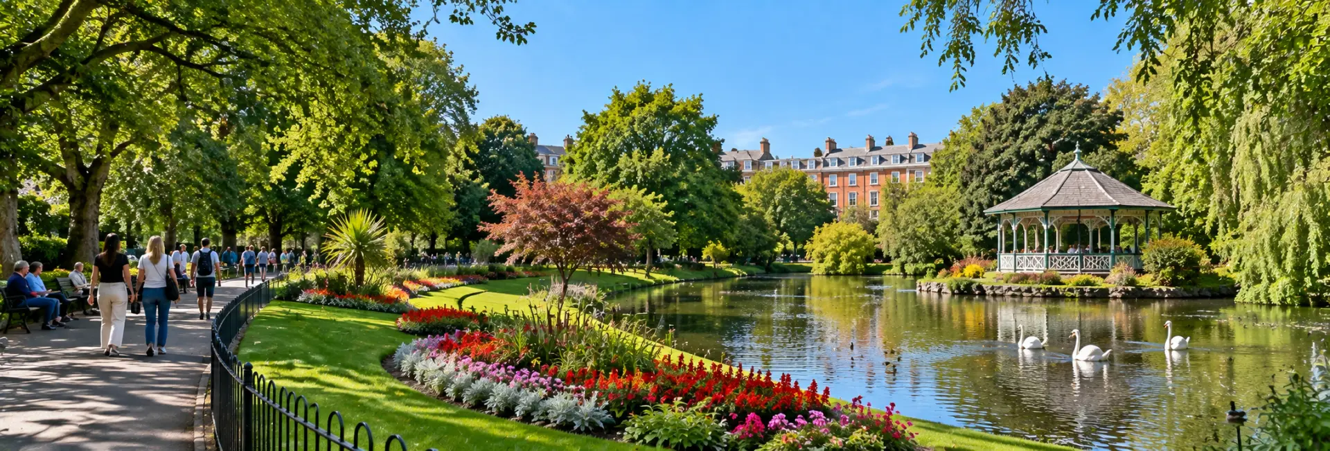 St Stephen’s Green in Dublin with flowerbeds, ornamental lake and Victorian pavilion