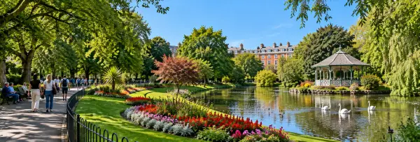 St Stephen’s Green in Dublin with flowerbeds, ornamental lake and Victorian pavilion