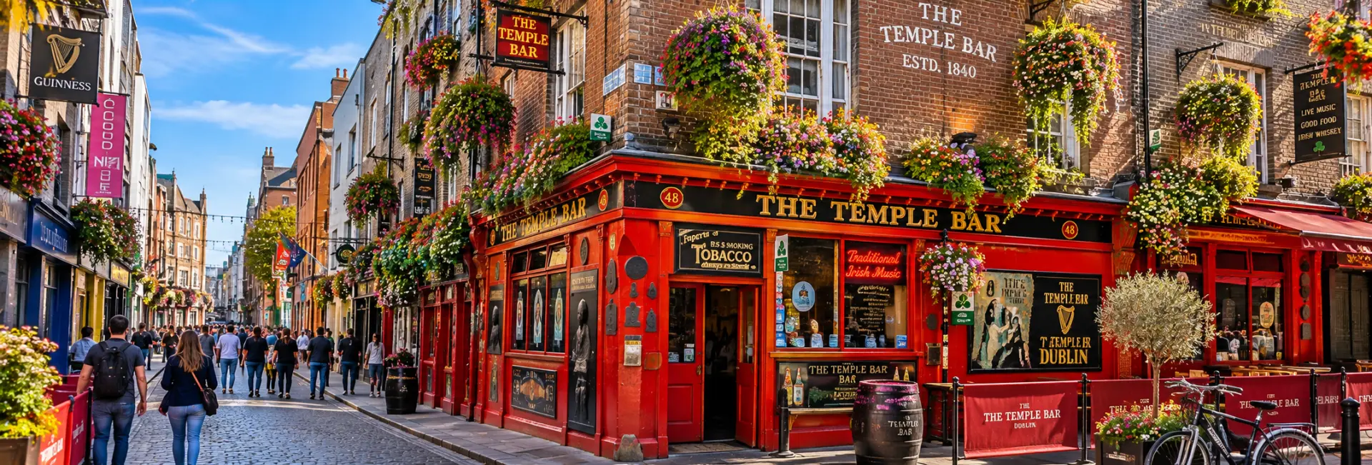 Temple Bar in Dublin with colorful pubs, cobbled streets and flower baskets