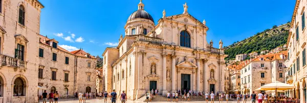 Dubrovnik Cathedral in Croatia, featuring its grand Baroque façade and dome in the historic Old Town.
