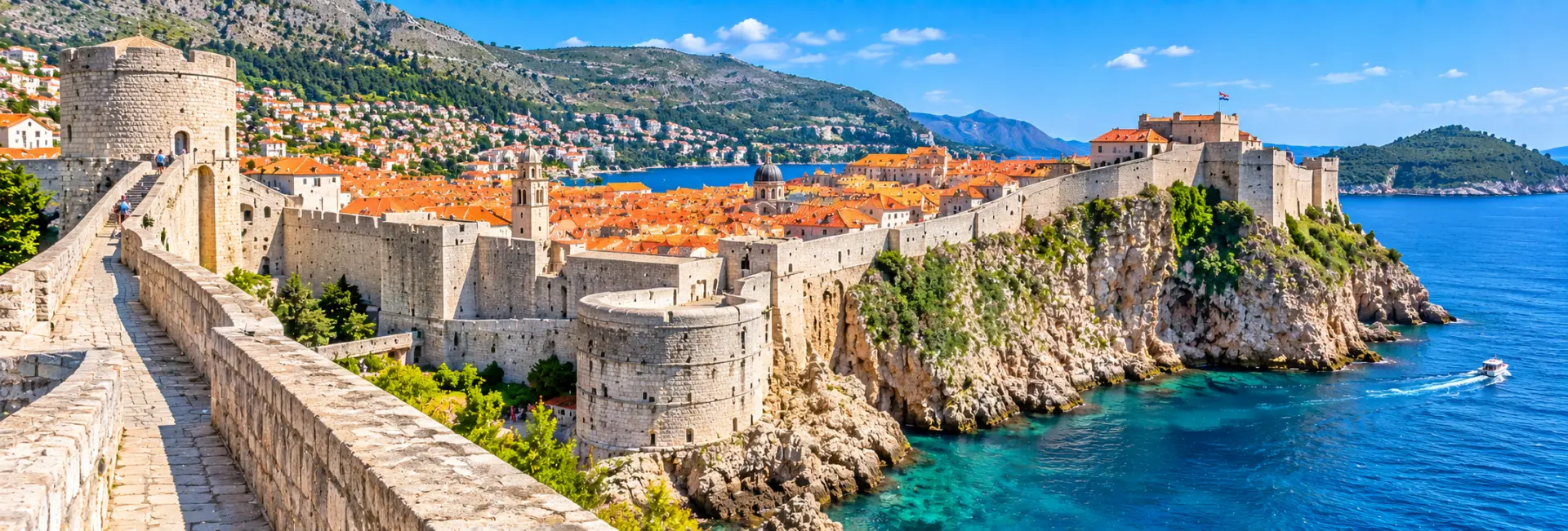 Dubrovnik City Walls in Croatia overlooking the Old Town, historic fortifications and Adriatic Sea.
