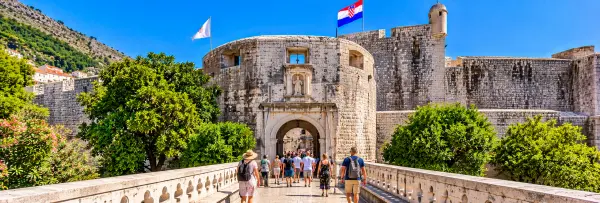 Pile Gate in Dubrovnik, Croatia, featuring the historic stone entrance to the UNESCO-listed Old Town.