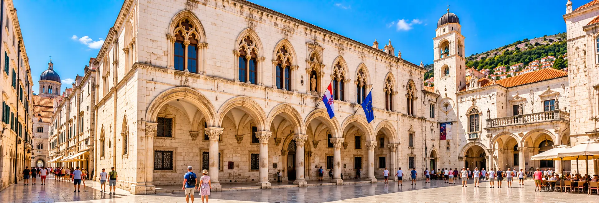 Rector’s Palace in Dubrovnik, Croatia, featuring its historic Gothic-Renaissance façade and arched colonnade.