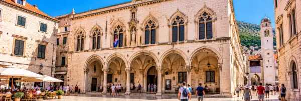 Sponza Palace in Dubrovnik, Croatia, featuring its elegant Gothic-Renaissance façade and arched loggia.