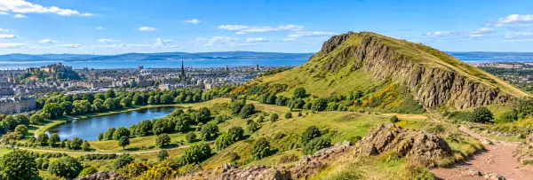Holyrood Park in Edinburgh with Arthur’s Seat, Salisbury Crags and the city skyline