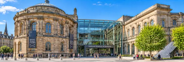National Museum of Scotland in Edinburgh with its historic sandstone architecture and glass entrance