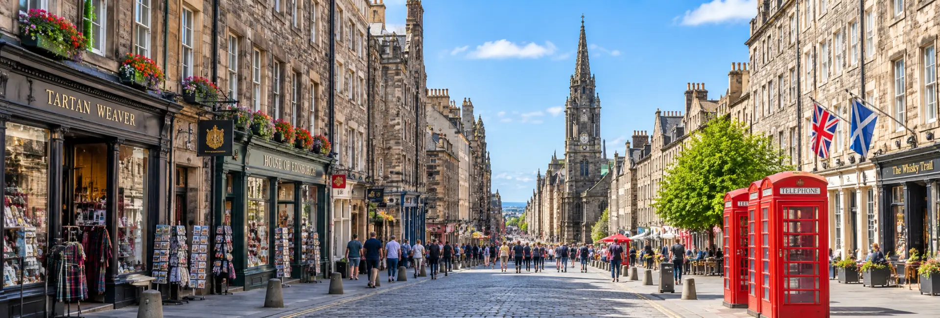 Royal Mile in Edinburgh, United Kingdom, lined with historic stone buildings and vibrant shops
