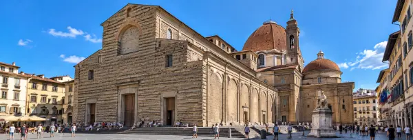 Basilica of San Lorenzo in Florence, Italy, showing its historic stone façade and Renaissance architecture