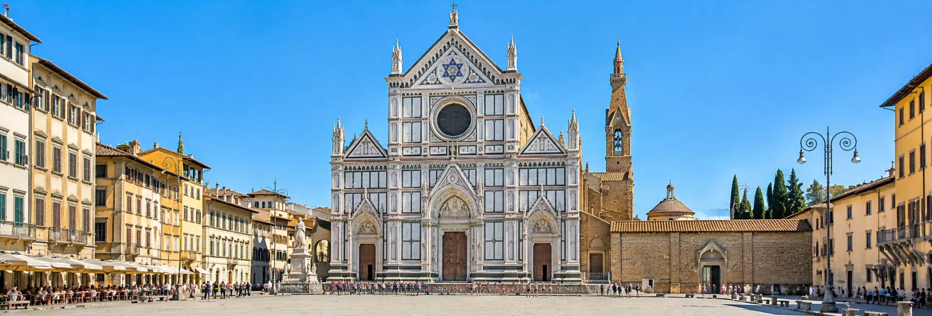 Basilica of Santa Croce in Florence, Italy, with its ornate marble façade and historic Piazza Santa Croce