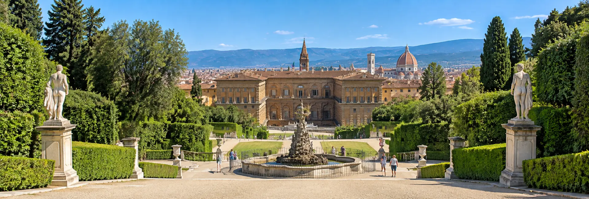 Boboli Gardens in Florence, Italy, with formal hedges, statues, fountains, and views of Florence