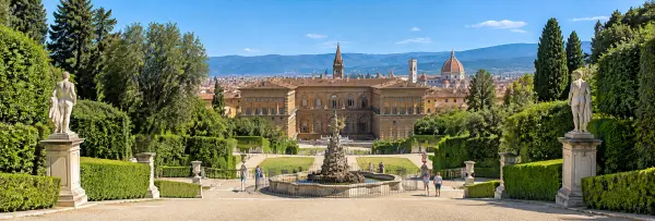 Boboli Gardens in Florence, Italy, with formal hedges, statues, fountains, and views of Florence