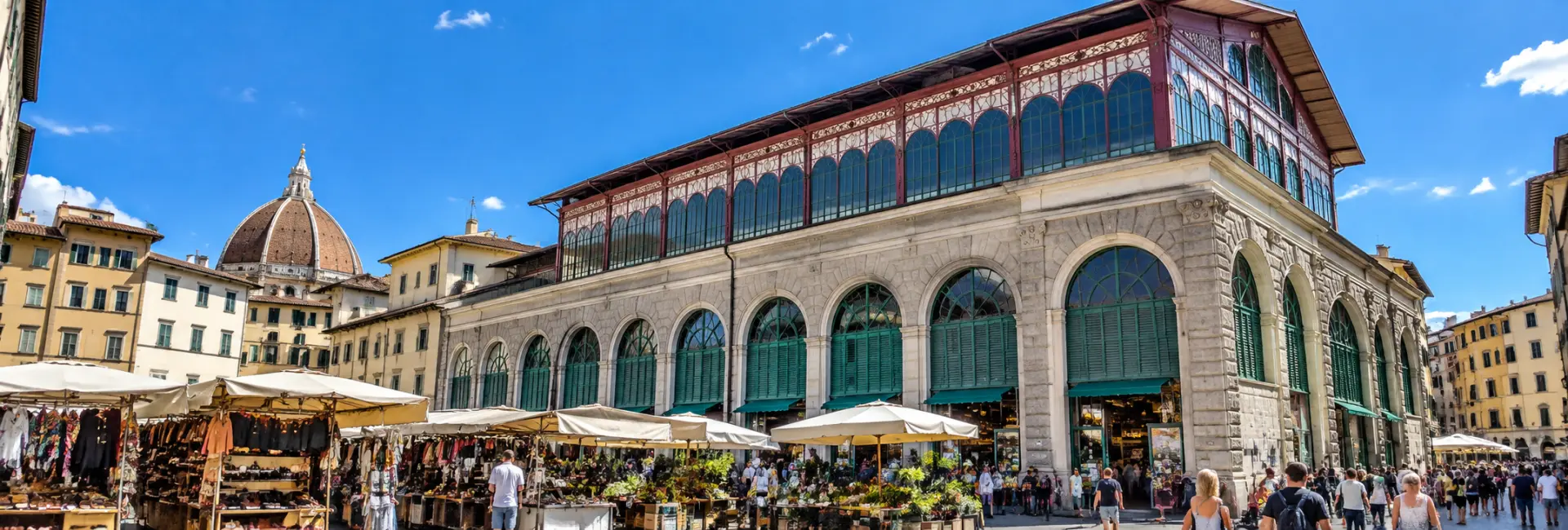 Mercato Centrale in Florence, Italy, with the historic market hall and Florence Cathedral dome
