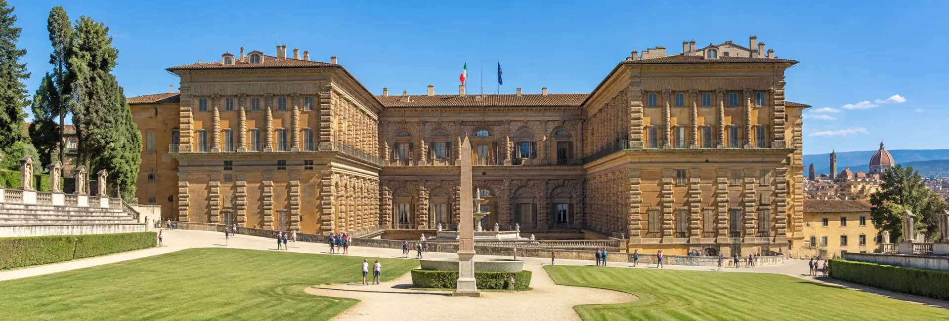 Palazzo Pitti in Florence, Italy, with its grand Renaissance façade and landscaped gardens