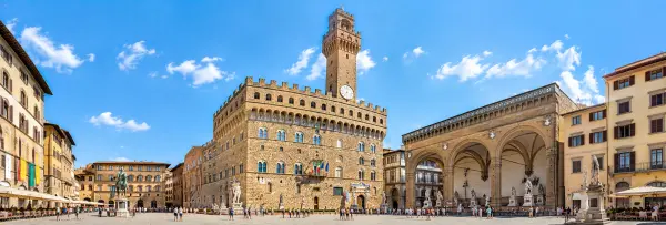 Palazzo Vecchio in Florence, Italy, overlooking Piazza della Signoria with its historic clock tower