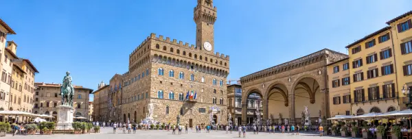 Piazza della Signoria in Florence, Italy, with Palazzo Vecchio, Loggia dei Lanzi, and historic sculptures