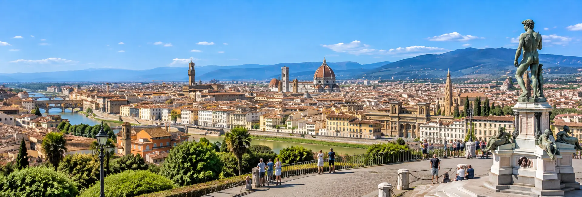 Piazzale Michelangelo in Florence, Italy, overlooking the Duomo, Arno River, and historic city skyline