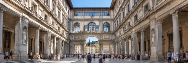 Uffizi Gallery in Florence, Italy, with its Renaissance courtyard, arches, columns, and sculptures
