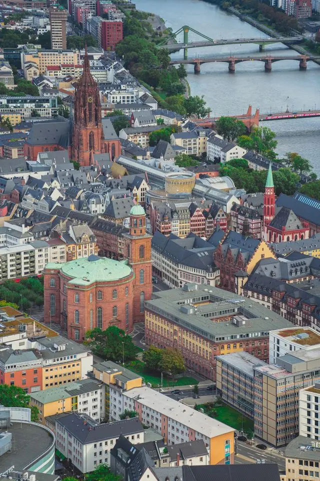 Aerial view of Frankfurt showing Frankfurt Cathedral, historic buildings and the River Main