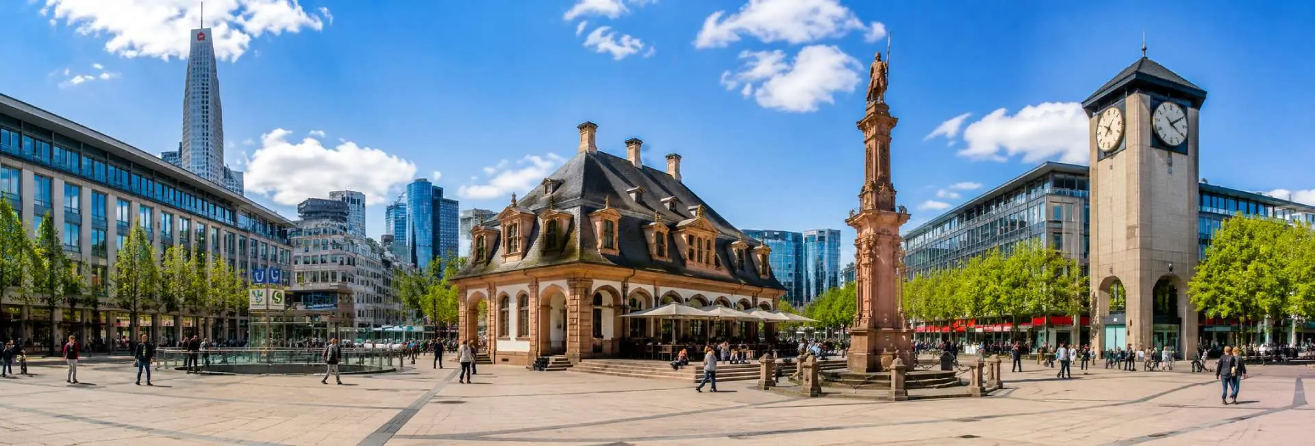 Hauptwache Main Guardhouse in Frankfurt with historic architecture and lively city square