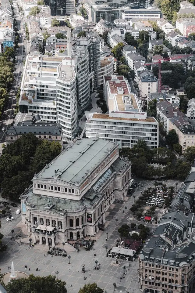 Aerial view of the Alte Oper and surrounding cityscape in Frankfurt, Germany