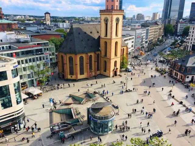 Aerial view of Frankfurt's Hauptwache square with St. Catherine's Church and surrounding city buildings