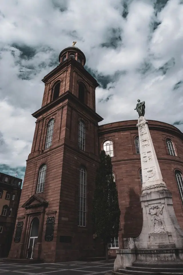 Exterior view of St. Paul's Church in Frankfurt with its historic tower and monument