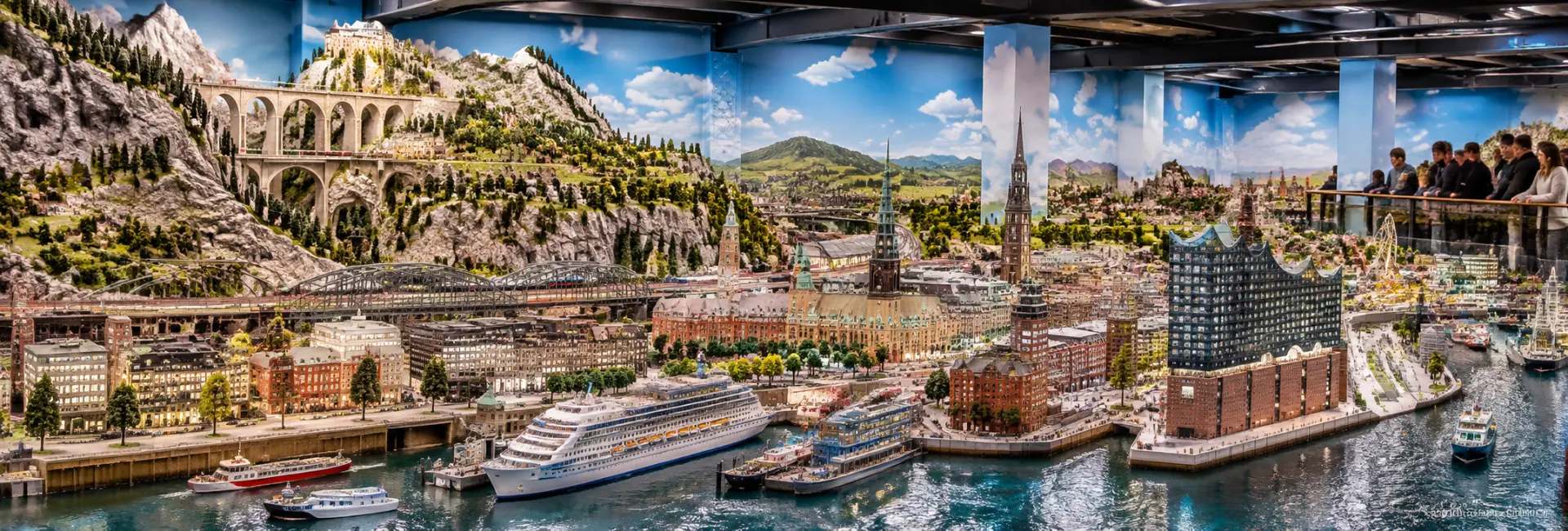 Miniatur Wunderland in Hamburg, Germany with detailed miniature cities, trains, mountains and harbor