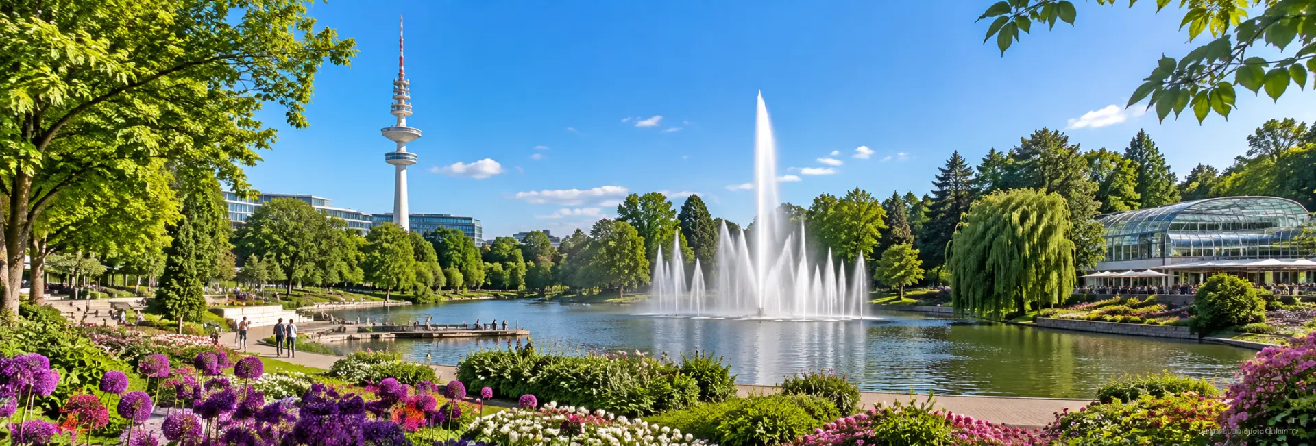 Planten un Blomen park in Hamburg, Germany with gardens, lake, fountains and lush greenery