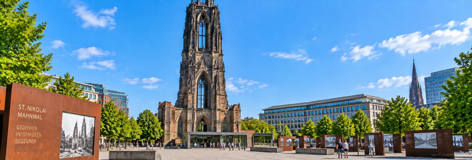St. Nikolai Memorial in Hamburg, Germany with its preserved Gothic church tower and memorial grounds