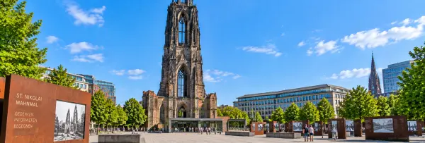 St. Nikolai Memorial in Hamburg, Germany with its preserved Gothic church tower and memorial grounds