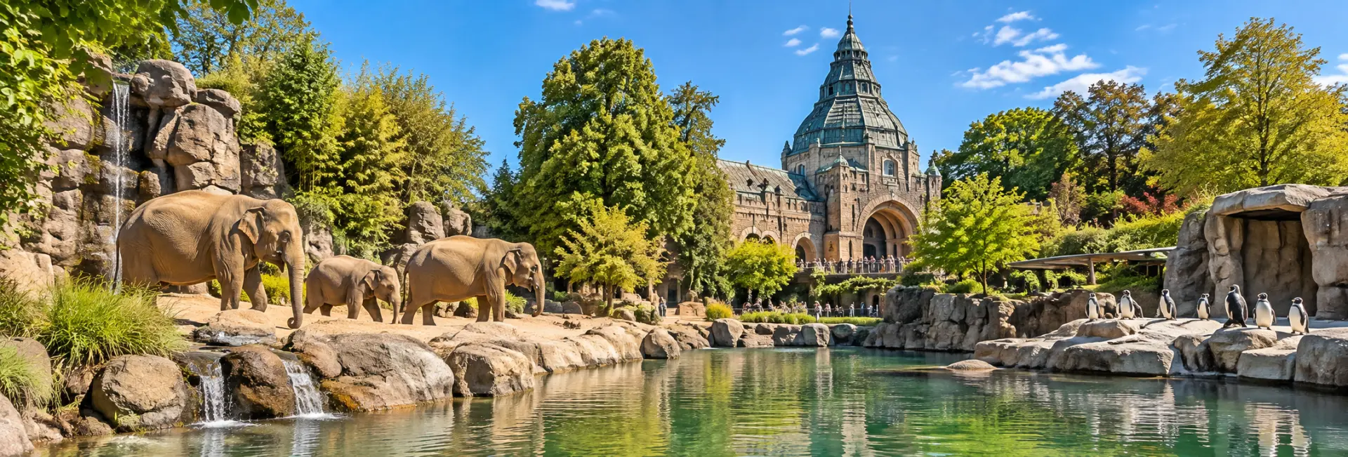 Tierpark Hagenbeck in Hamburg, Germany, with elephants, penguins, and its historic architecture.