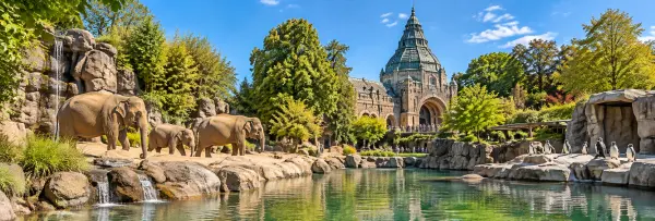 Tierpark Hagenbeck in Hamburg, Germany, with elephants, penguins, and its historic architecture.