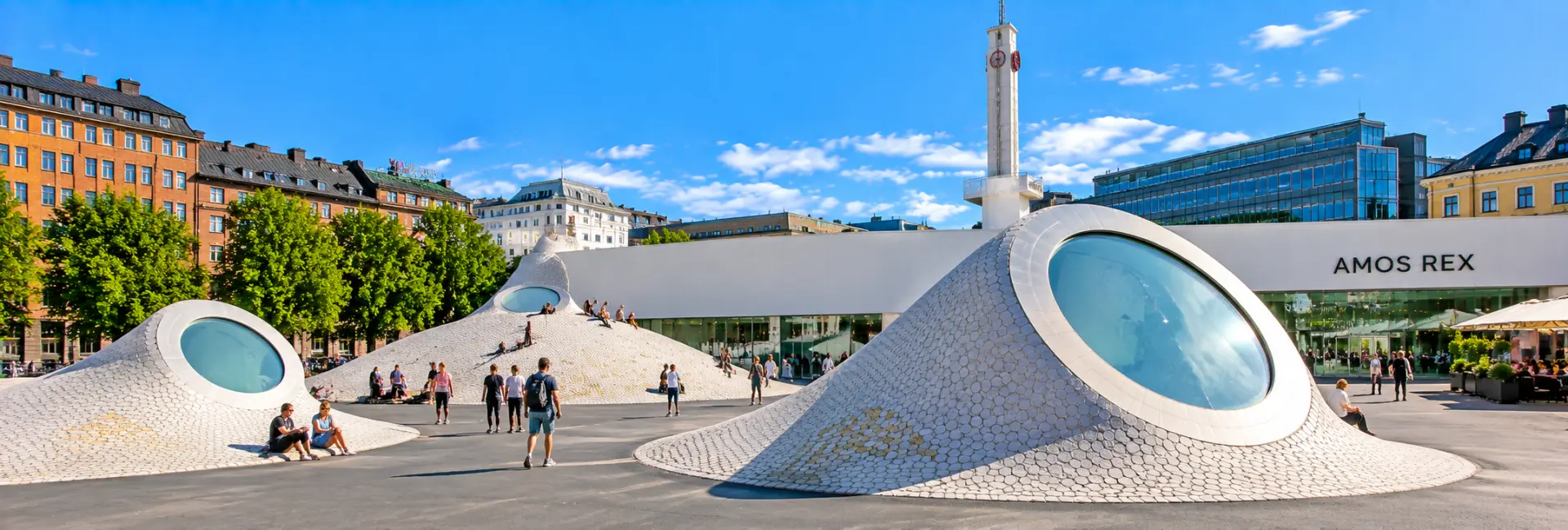 Amos Rex in Helsinki, Finland, featuring its sculptural rooftop skylights and modern museum architecture.