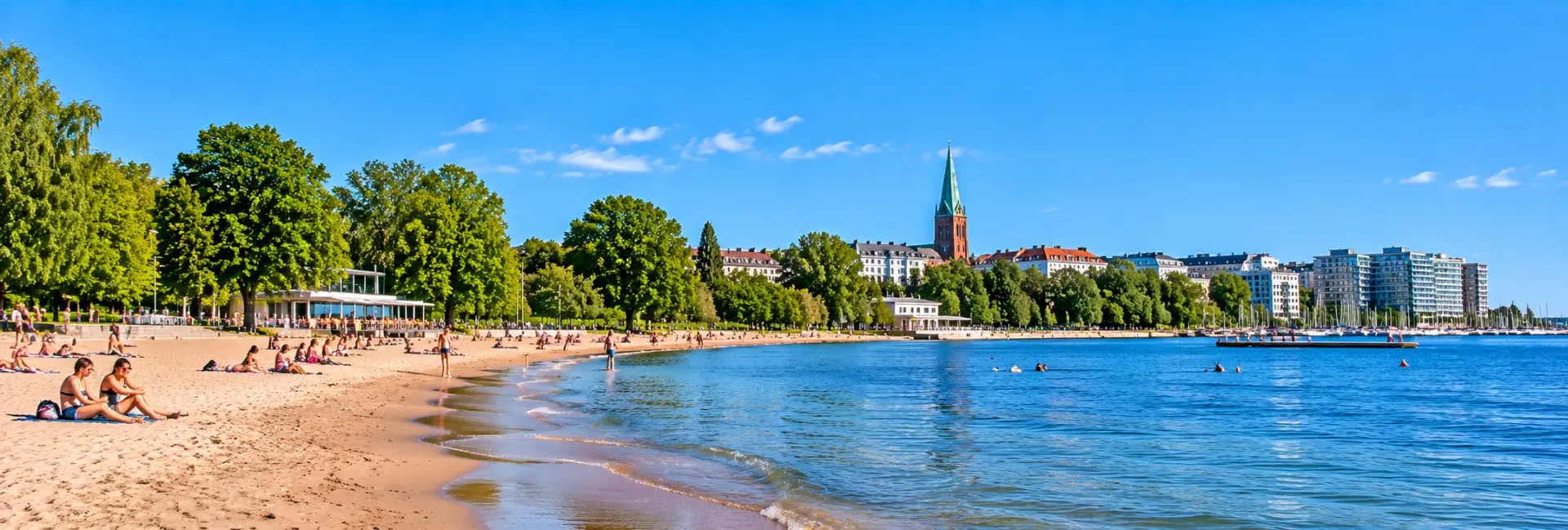 Hietaniemi Beach in Helsinki, Finland, with sandy shores, swimmers, and a scenic waterfront.