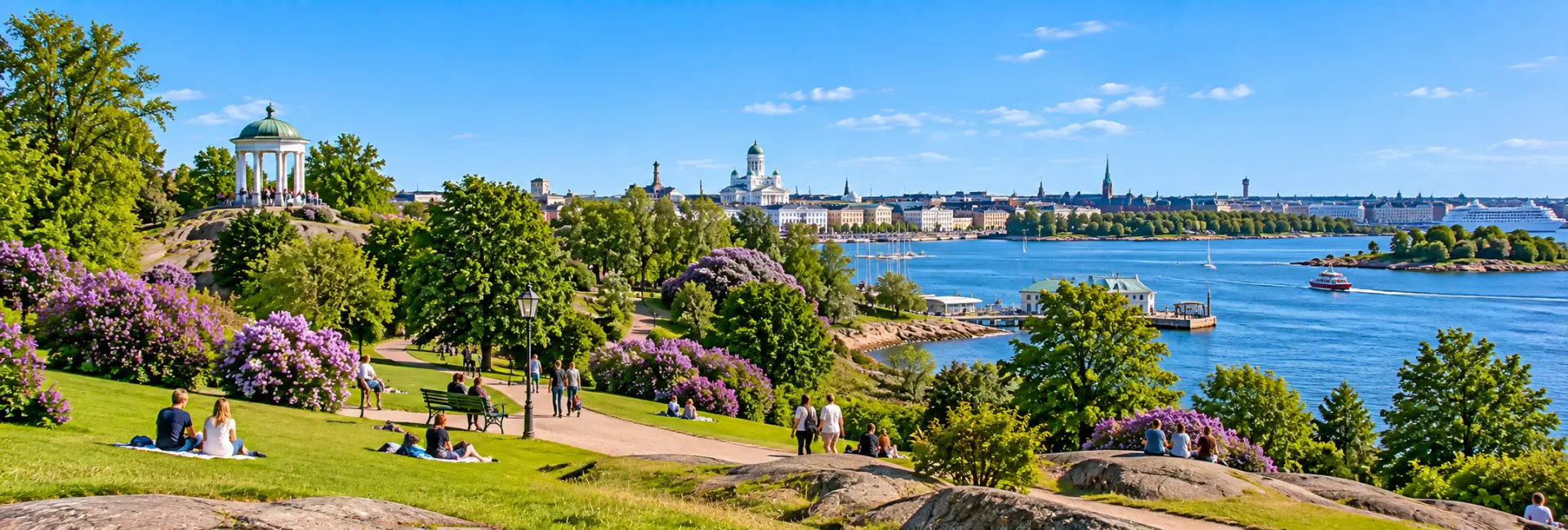 Kaivopuisto Park in Helsinki, Finland, with green lawns, flowering gardens, and scenic sea views.