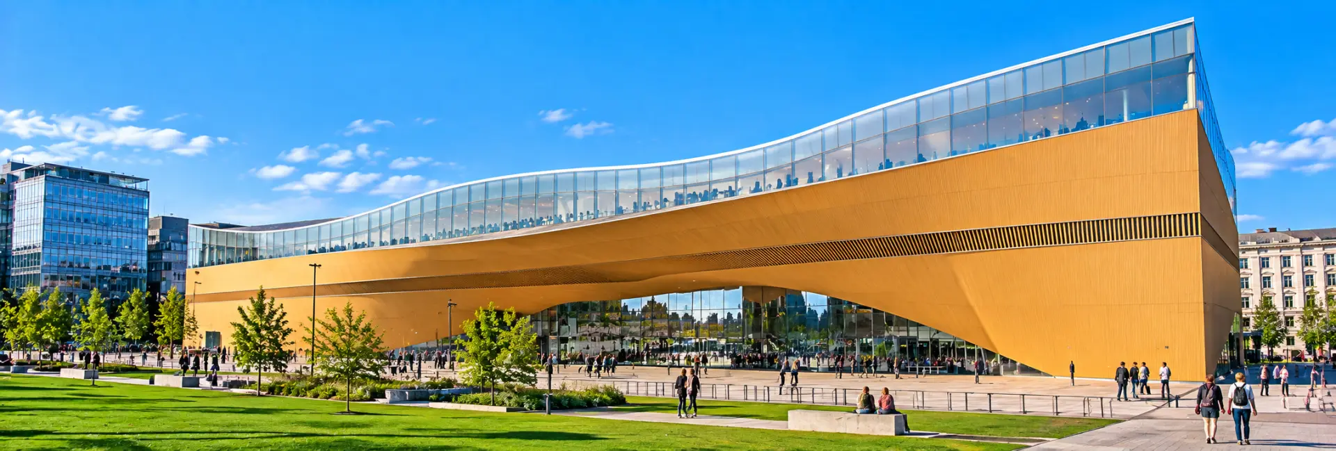 Oodi Central Library in Helsinki, Finland, featuring its curved wooden façade and modern glass architecture.